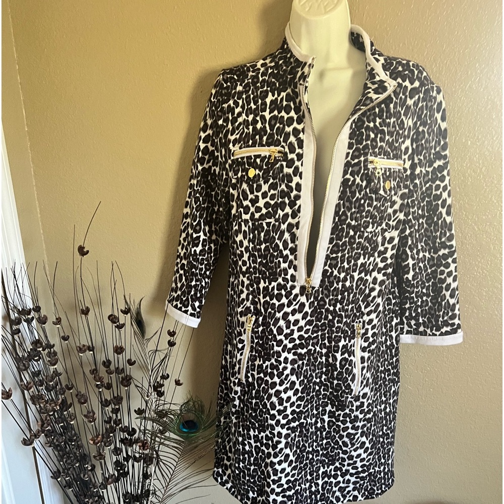 Boston Proper Animal Print 3/4 sleeves Chic Zip Dress Size L